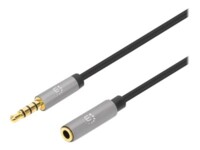 Manhattan Stereo Audio 3.5mm Extension Cable, 3m, Male/Female, Slim Design, Black/Silver, Premium with 24 karat gold plated contacts and pure oxygen-free copper (OFC) wire, Lifetime Warranty, Polybag Forlængerkabel til audio 3m Sort Sølv