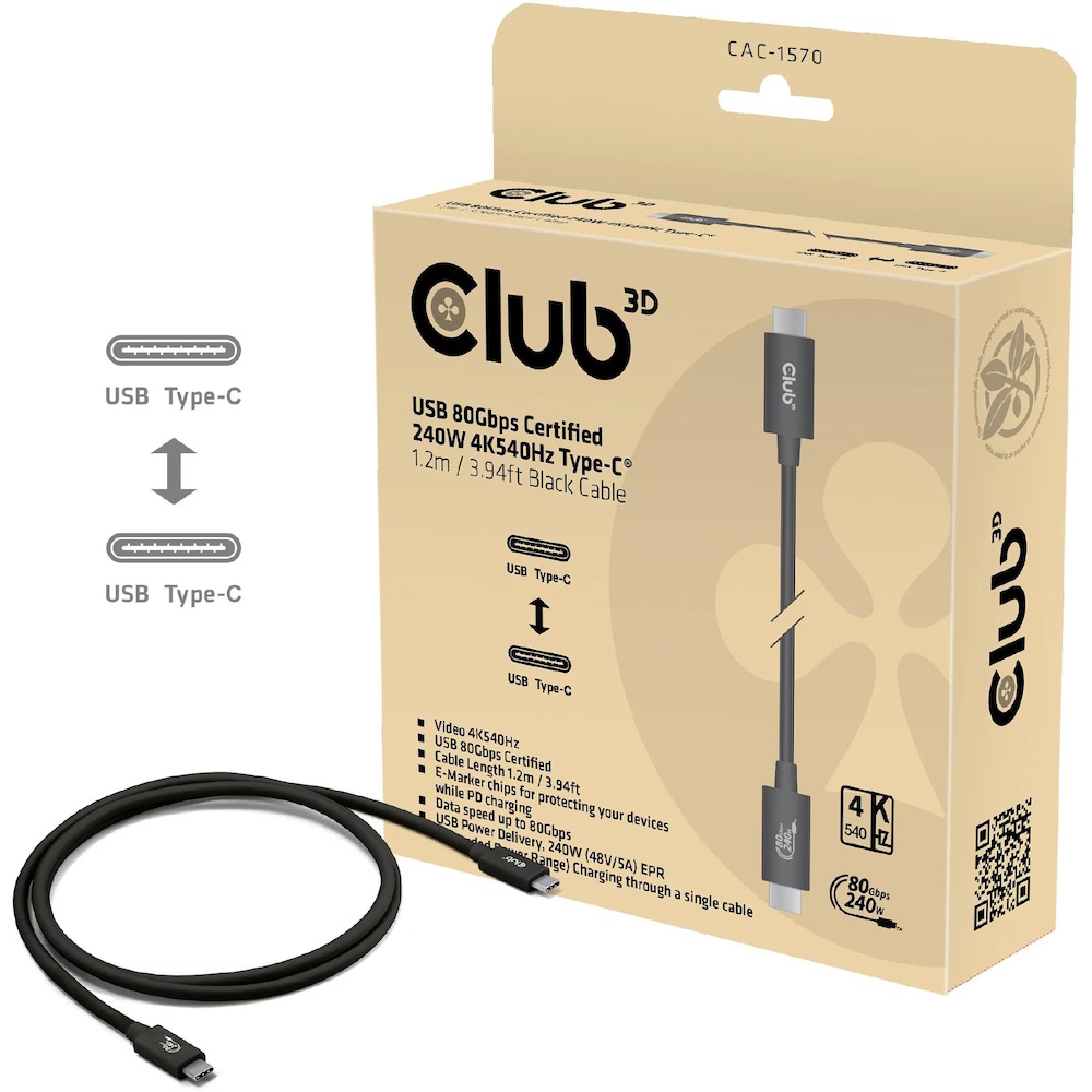 Club 3D USB Type-C kabel 1.2m Sort