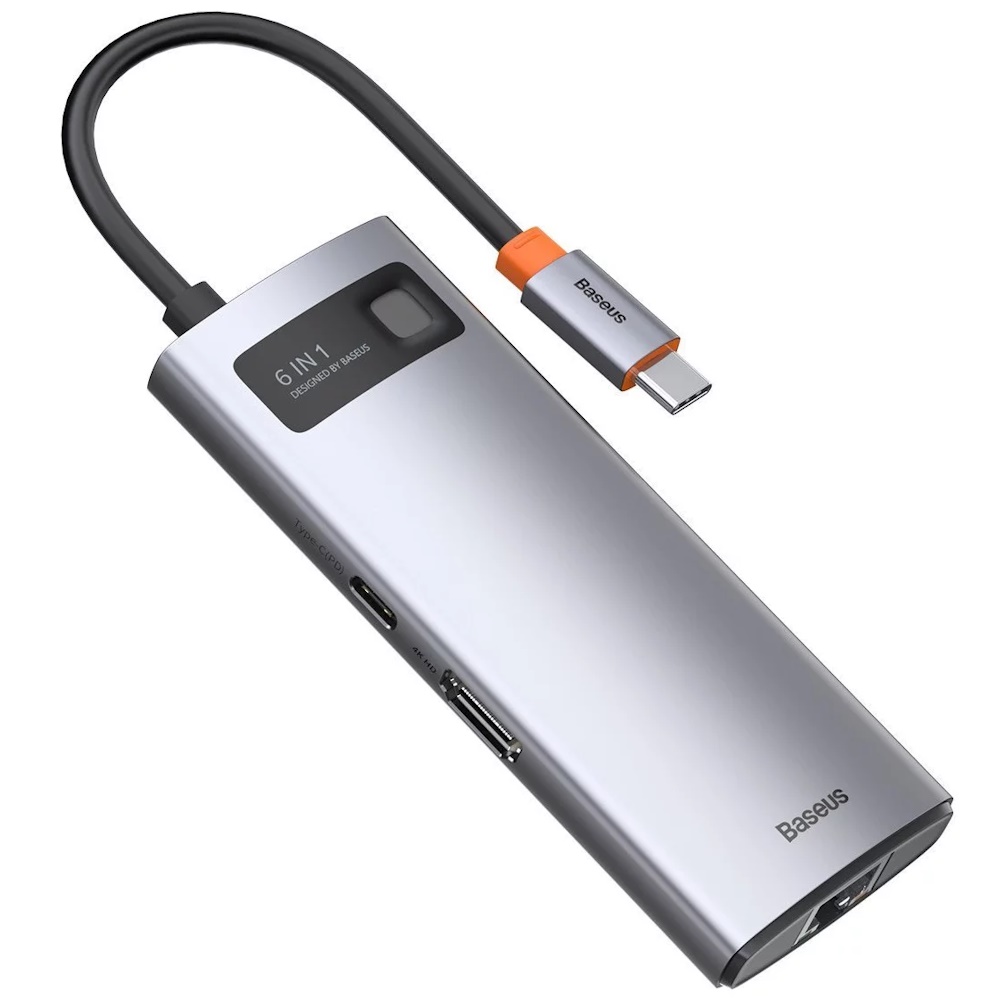 Hub 6w1 Baseus Metal Gleam Series, USB-C do 3x USB 3.0 + HDMI + USB-C PD + Ethernet RJ45