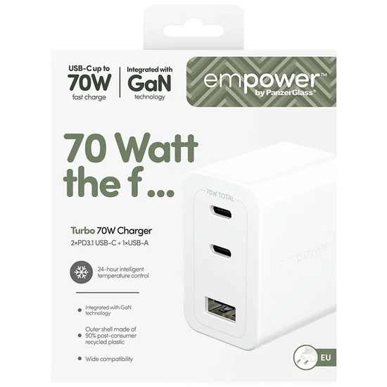empower by PanzerGlass® High-Speed 70W Multiple Charger incl. 2 x USB-C + USB-A, UK Plug, Silver White