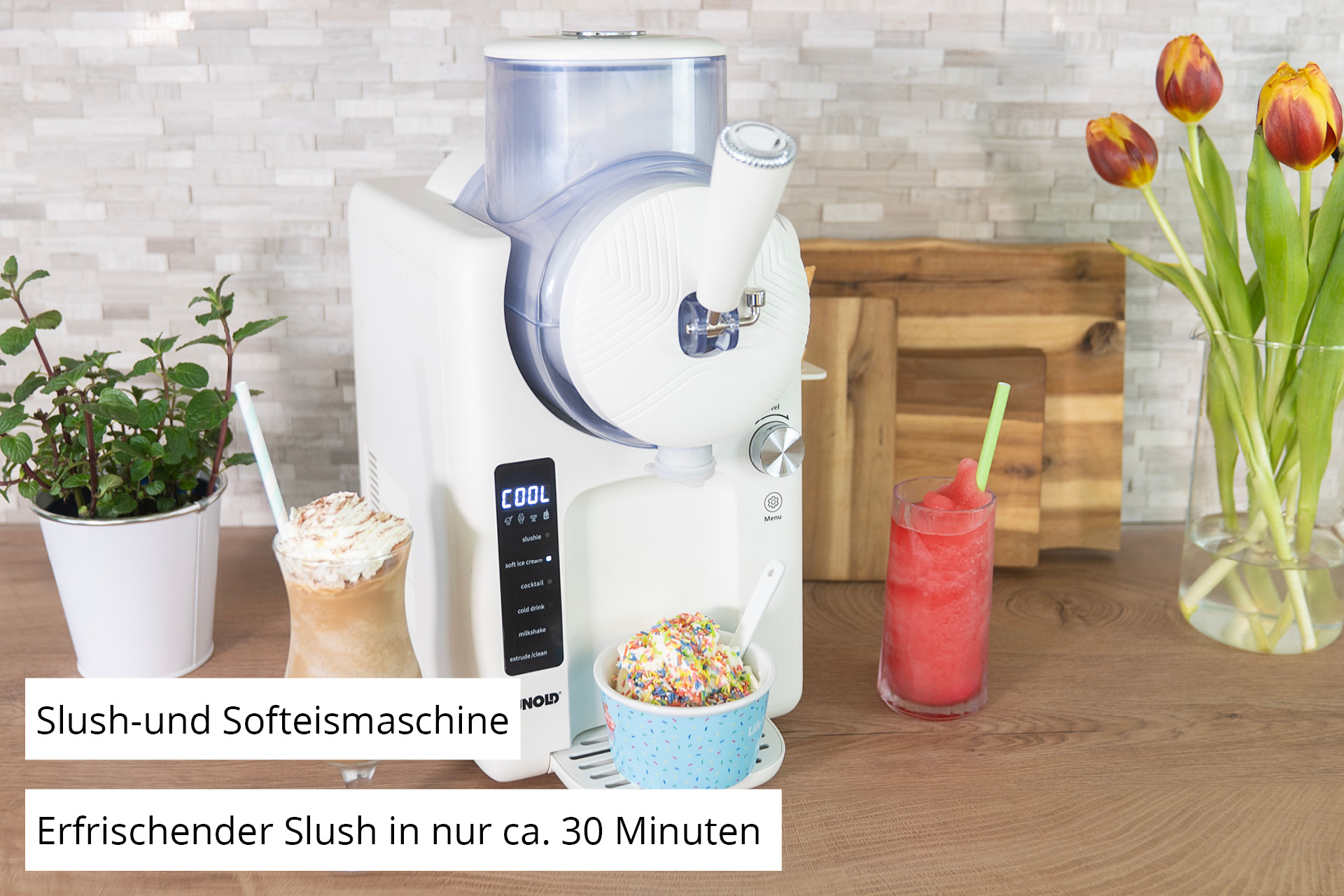 2-in-1 Slush- & Softeismaschine SOFIE (weiß, für 1.500ml Slush oder Softeis, 150 Watt Kompressor)